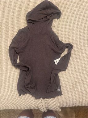 Free People Charcoal Hooded Long Sleeve Top